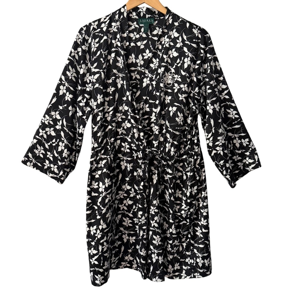 Lauren Ralph Lauren XL Floral Wrap Robe Black White Monogram Loungewear Pockets